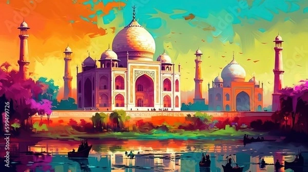 Fototapeta illustration of dome masjid with beautiful nature landscape, Generative Ai