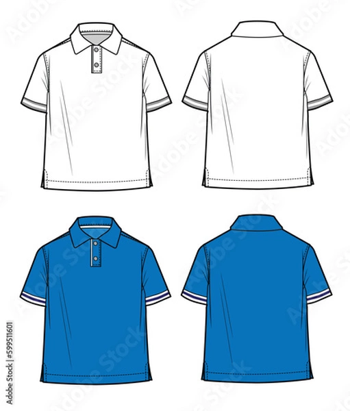 Fototapeta Boys polo shirt technical flat drawing front and back view vector template 