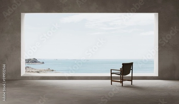 Fototapeta Empty spase, concrete terrace with panoramic ocean view and a lonely chair, concrete floor. Interior background, 3d render, sea view from the panoramic window. Observation place for rest. Balcony