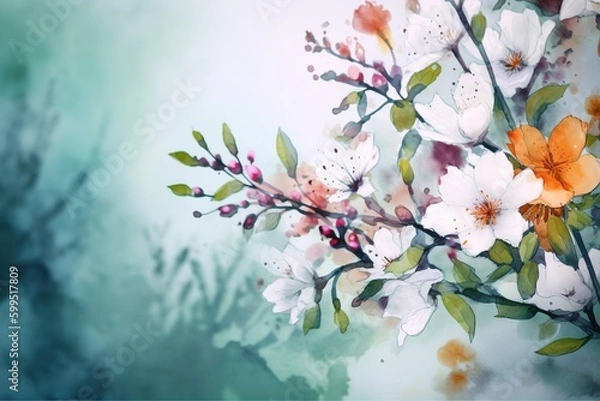 Fototapeta flower background, cherry, watercolor - Ai