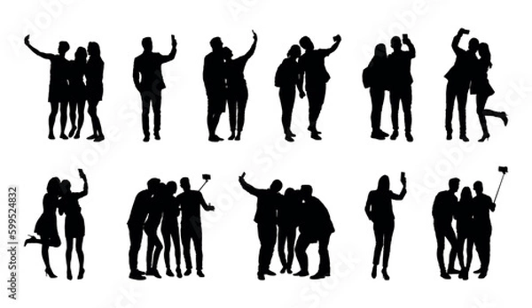 Obraz Silhouette group of people selfie different poses silhouette vector set on white background.