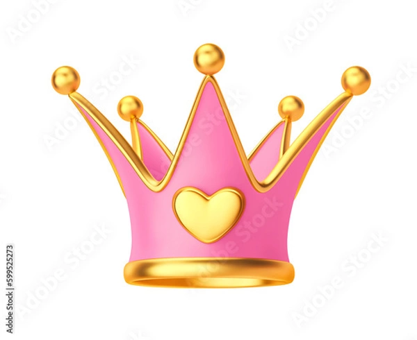 Fototapeta Gold and pink princess crown with heart isolated on white. Clipping path included