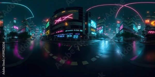 Obraz Full 360 degrees seamless spherical panorama HDRI equirectangular projection of Cyberpunk Night City Tron Future. Texture environment map for lighting and reflection source rendering 3d scenes.
