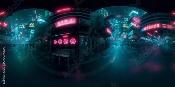 Obraz Full 360 degrees seamless spherical panorama HDRI equirectangular projection of Cyberpunk Night City Tron Future. Texture environment map for lighting and reflection source rendering 3d scenes.