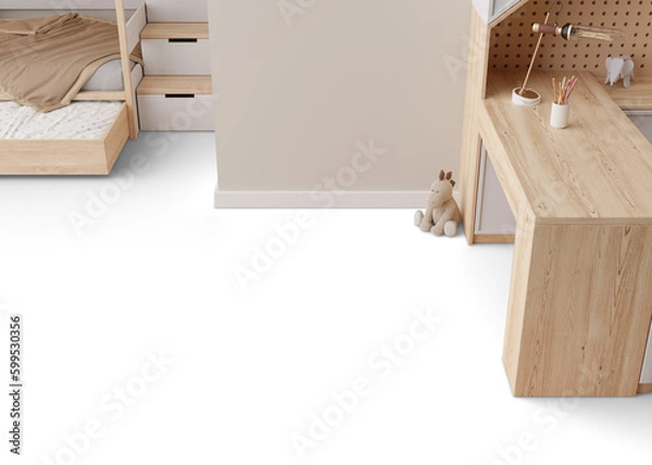 Fototapeta Floor covering presentation mock up, png. Kids room. Transparent template for your texture. Copy space for carpet, laminate flooring, ceramic tiles, parquet, pvc, vinyl. Floor mockup, show, display. 