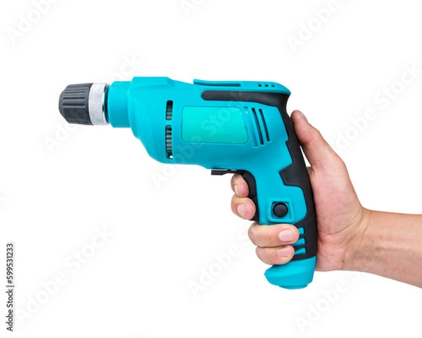 Fototapeta Hand holds cordless electric screwdriver with bit for screws isolated on white background.