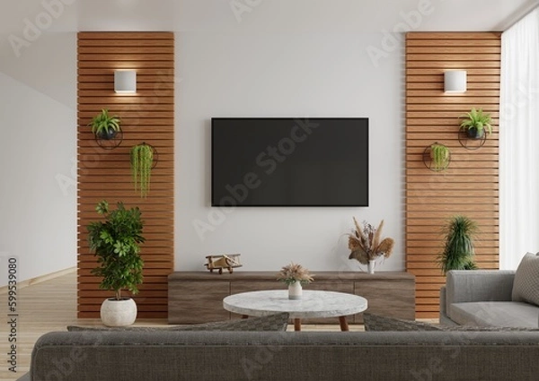 Obraz TV on the white wall in the living room The side walls are decorated with wood and there are sofas and wooden tables on the floor.3d rendering