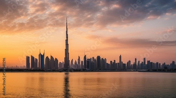 Fototapeta Panoramic view of the Dubai skyline at sunset.