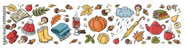 Fototapeta Autumn horizontal doodles banner. Hand drawn set of sketches. Isolated objects on white background.