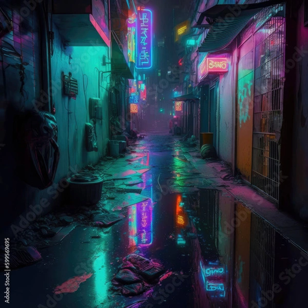 Fototapeta neon lights reflect off the surface of a dirty wet cyberpunk laneway, generative ai