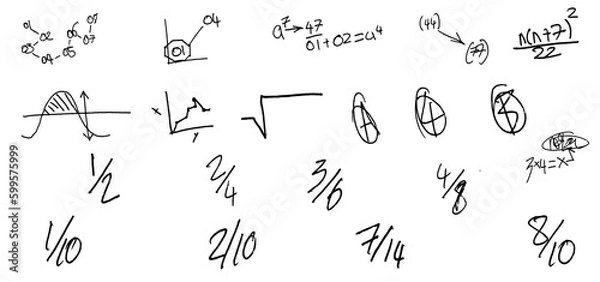 Fototapeta Set collection Freehand drawing school homework items on a sheet of exercise book. Back to School. On transparent background (PNG).