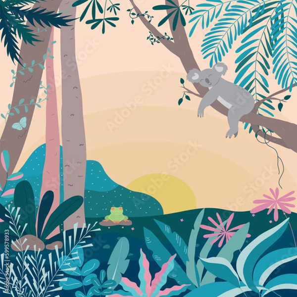 Fototapeta koala sleeping in a tree. frog sitting on a rock. in the background jungle at sunset. cartoon style. vector illustration. 