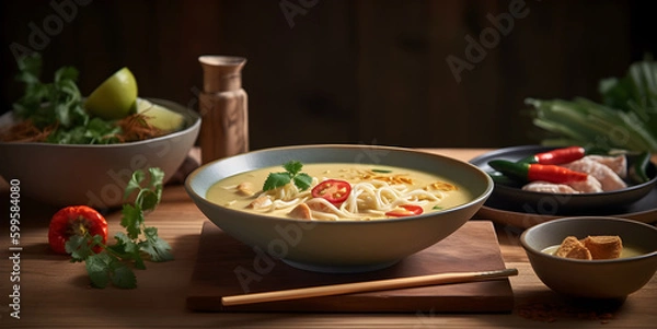 Fototapeta Traditional Asian Laksa soup on wooden table, on dark background, AI generated