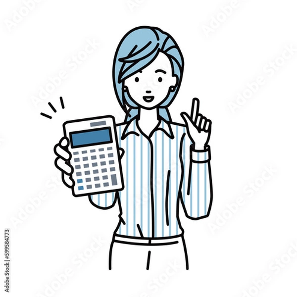 Obraz 立って電卓を持ってこちらに向けて見せているブラウスの女性
