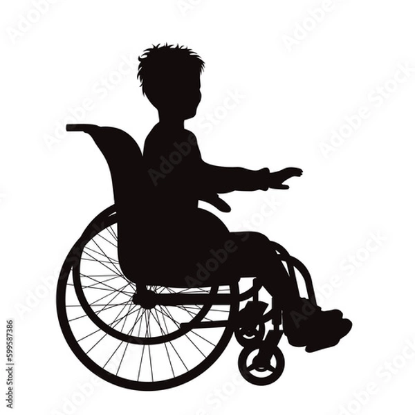 Obraz Vector silhouette of a child sitting in a wheelchair on a white background.