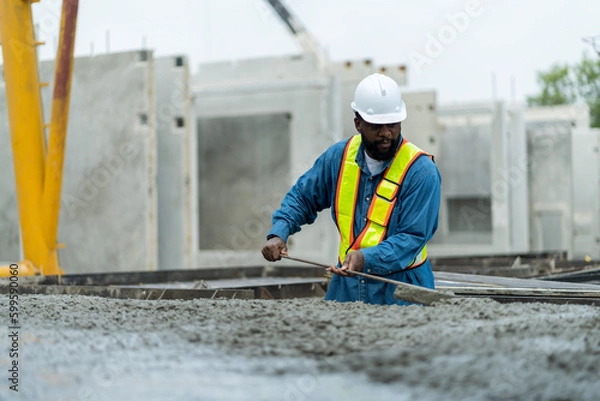 Fototapeta Male worker in a precast wall factory (Precast) is forming a wall with cement. and smooth the plaster in the prepared mold