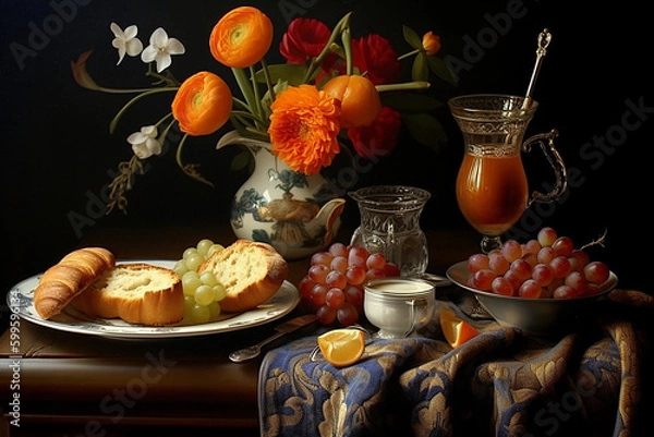 Obraz Still life classical vintage baroque style breakfast with bread, grapes, orange, cream and flowers on dark background