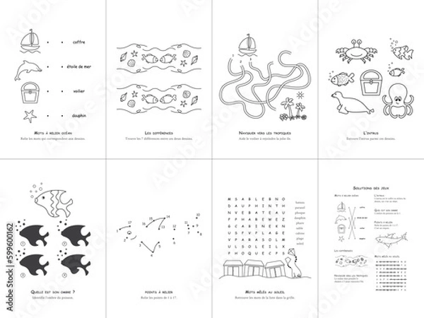 Fototapeta Set of seven games on the theme of the sea. Game and coloring page for kids. French language. Vector illustration. Set No. 3.