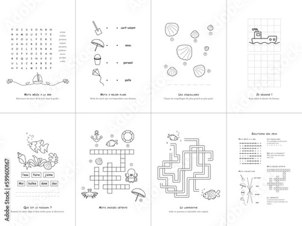 Fototapeta Set of seven games on the theme of the sea. Game and coloring page for kids. French language. Vector illustration. Set No. 2.