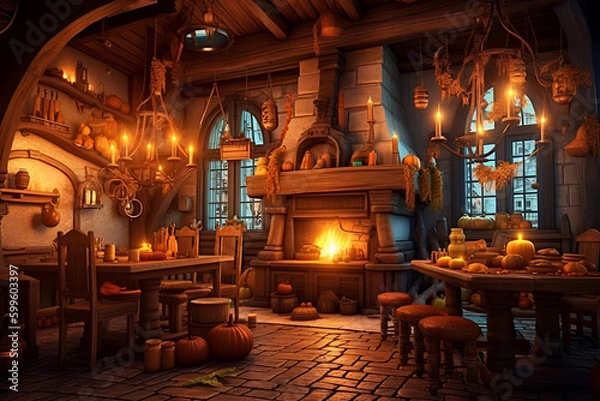 Fototapeta Cozy fantasy medieval tavern inn interior with food and drink on tables, burning open fireplace, candles and stone ground, middle ages pub decorations, fantasy background, generative ai