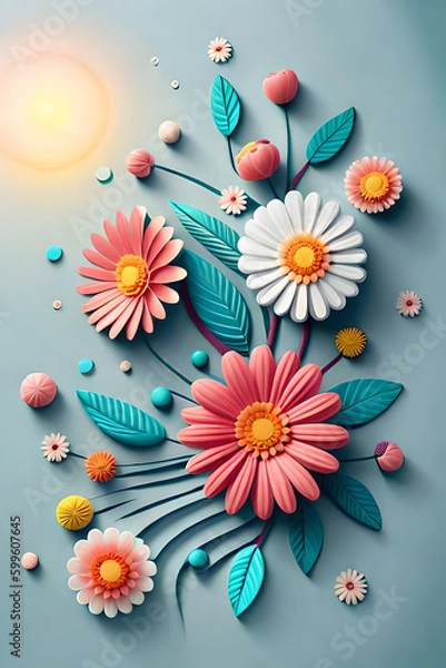 Fototapeta pastel color, 3d mural illustration wallpaper with flowers and circles