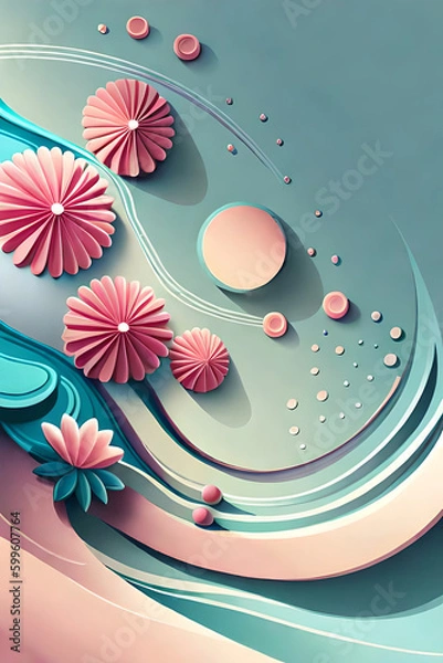 Fototapeta pastel color, 3d mural illustration wallpaper with flowers and circles