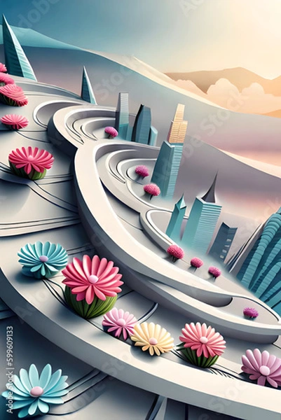 Obraz pastel color, 3d mural illustration wallpaper with flowers and circles