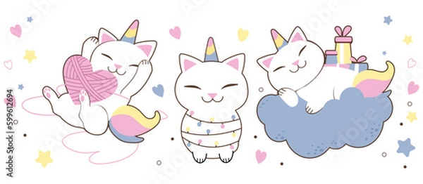 Obraz Cute Unicorn cat with heart and star. Happy Kitten Meow, Kawaii cat unicorn animal. Perfect for baby shower girl, Birthday party decoration pattern, nursery wall.