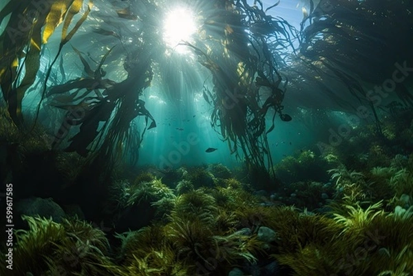 Fototapeta kelp forest with schools of fish and octopus hiding among the fronds, created with generative ai