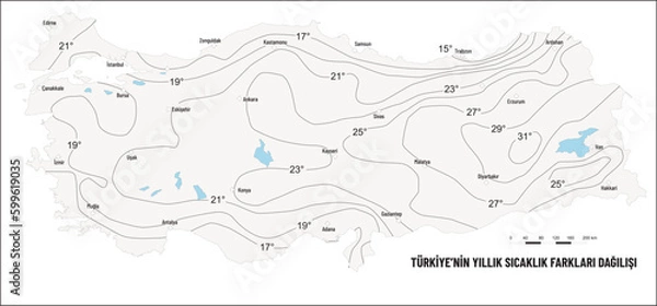 Fototapeta Turkey Annual Temperature Difference Distribution Map, Geography Lesson, Turkey Map, Map, Geography