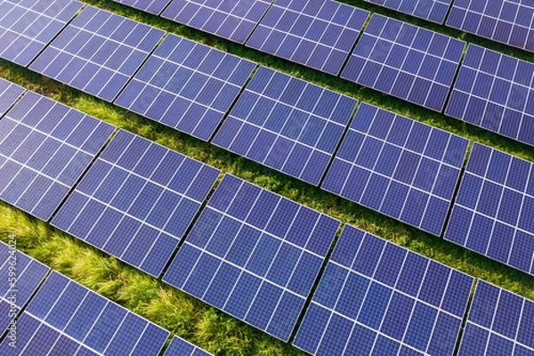 Fototapeta Rows of polycrystalline solar panels. Former farmland or agricultural areas in the countryside used as a solar farm.