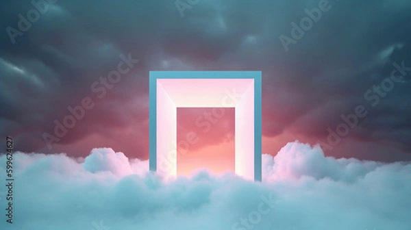 Fototapeta Abstract Illuminated Neon Squares and Surreal Clouds in Pastel Aesthetic With Copy Space - Generative AI