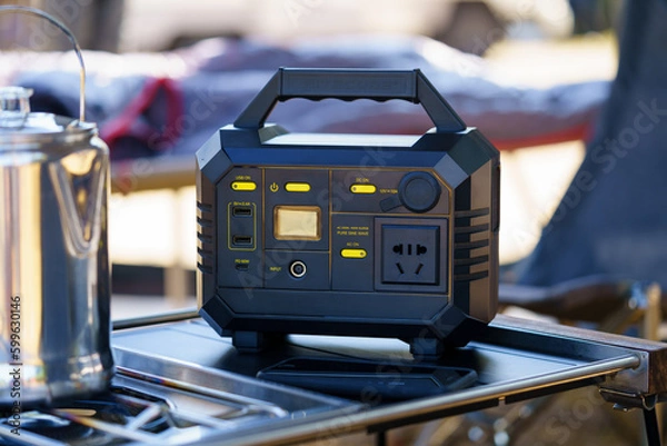 Fototapeta Power station, camping equipment. Lithium ion battery charger for outdoor activity and emergency. Soft and selective focus on main object.
