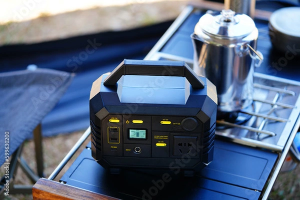 Fototapeta Power station, camping equipment. Lithium ion battery charger for outdoor activity and emergency. Soft and selective focus on main object.
