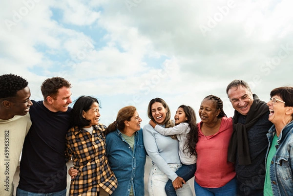 Obraz Happy multigenerational friends with different ethnicity having fun at house rooftop - Diversity people lifestyle