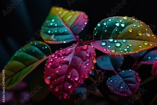Fototapeta close-up of neon plant with droplets of water on the leaves, created with generative ai