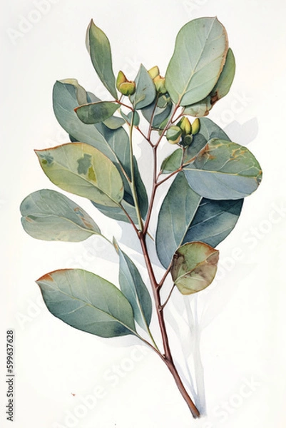 Fototapeta Eucalyptus branch illustration on a white background, Generative AI