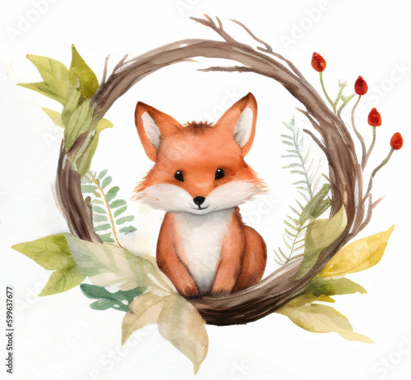 Fototapeta Cute red fox illustration, generative AI