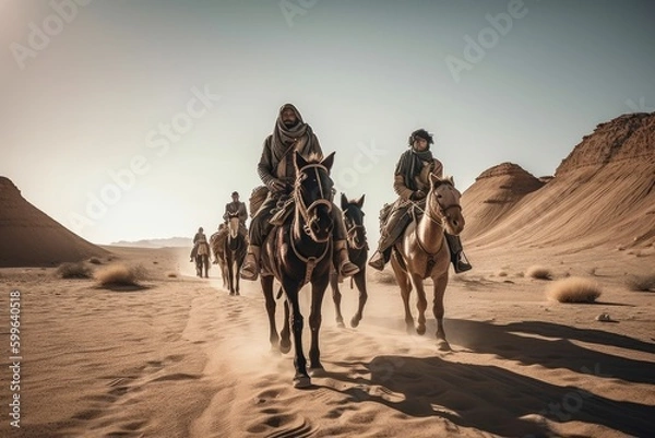 Fototapeta nomadic tribe traveling on horseback in open desert, created with generative ai