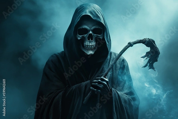 Obraz A grim reaper in horrible background with mist Generative AI