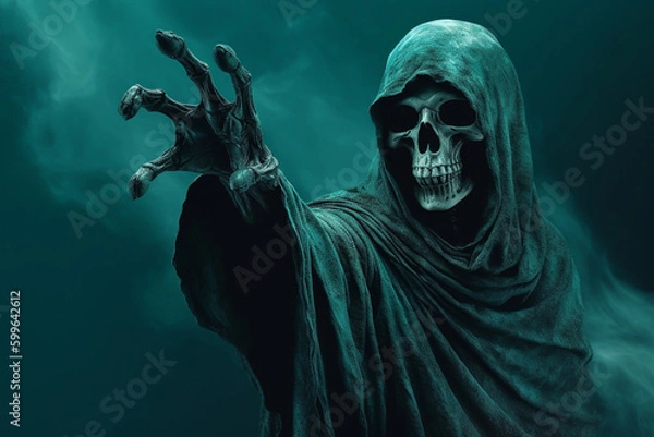 Fototapeta A grim reaper holding out his hand in horrible background with mist Generative AI