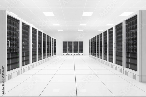 Fototapeta Datacenter with two rows of computers central view