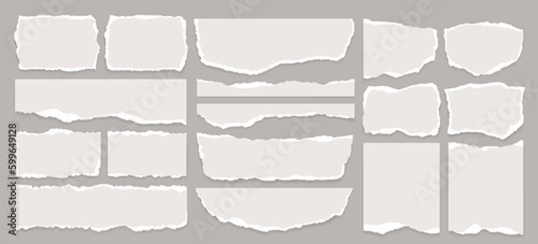 Fototapeta Set of torn note or notebook paper strips on dark background. Ripped newspaper sheet, scrapbook edge or blank banner split illustration. Realistic ornament or decoration clip art for social media. 