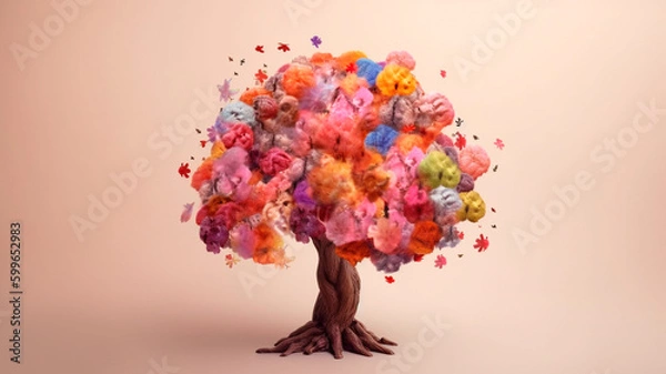 Obraz Human brain tree with flowers, self care and mental health concept, positive thinking, creative mind. Generative AI