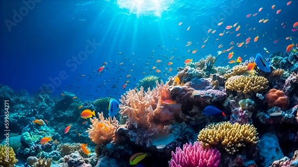 Fototapeta Ocean coral reef underwater with beautiful fishes and sun rays. Sea world underwater background. Okean wildlife. The concept of the underwater world, diving and snorkeling. Generative ai