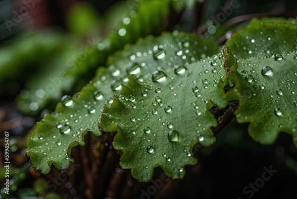 Obraz close-up of lush garden, with dew droplets on the leaves, created with generative ai