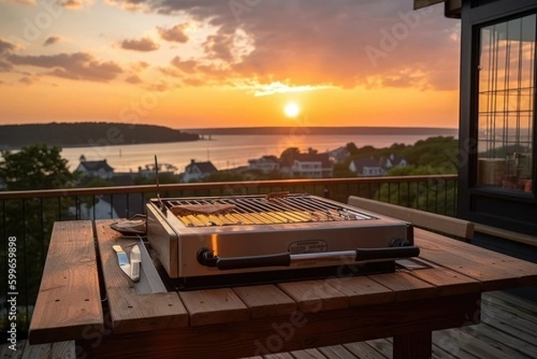Fototapeta portble grill on a wooden deck, with a view of the sunset, created with generative ai