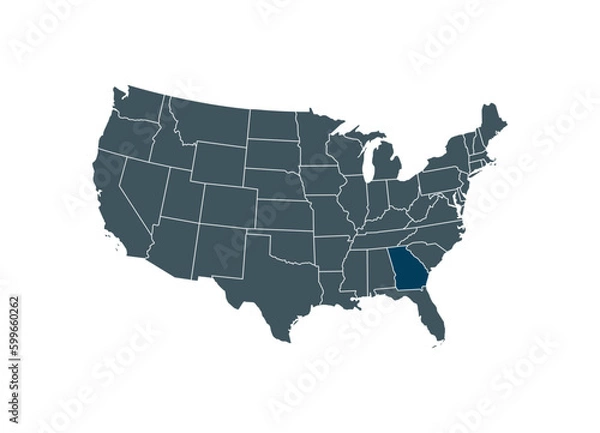 Obraz Map of Georgia on USA map. Map of Georgia highlighting the boundaries of the state of Georgia on the map of the United States of America.