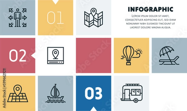 Fototapeta Vacation packages infographic design with icons, made by thin line style with editable strokes.