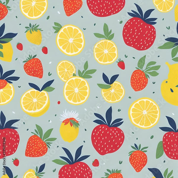 Fototapeta Lemon and strawberry, Watercolor, vector, white background, clipart, Seamless patterns, repeating patterns design, flat illustration
